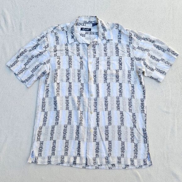 Puritan Beige White and Black Tiki Men's Short Sleeve Button Up Shirt - Picture 1 of 6